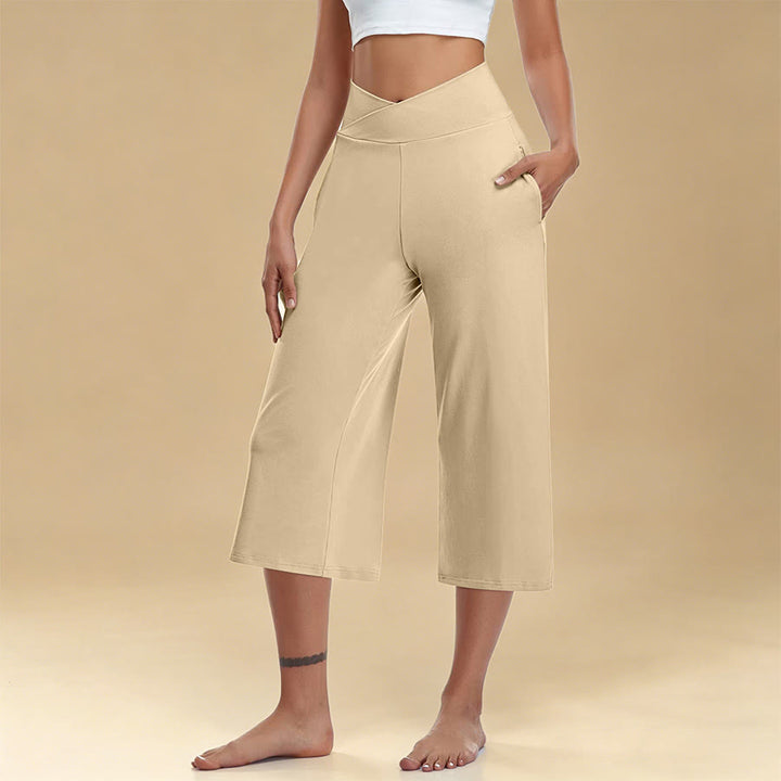 Olivenorma Crossover High Waist Cropped Wide Leg With Pockets Yoga Fitness Women's Pants - Apricot - 3XL - image 7