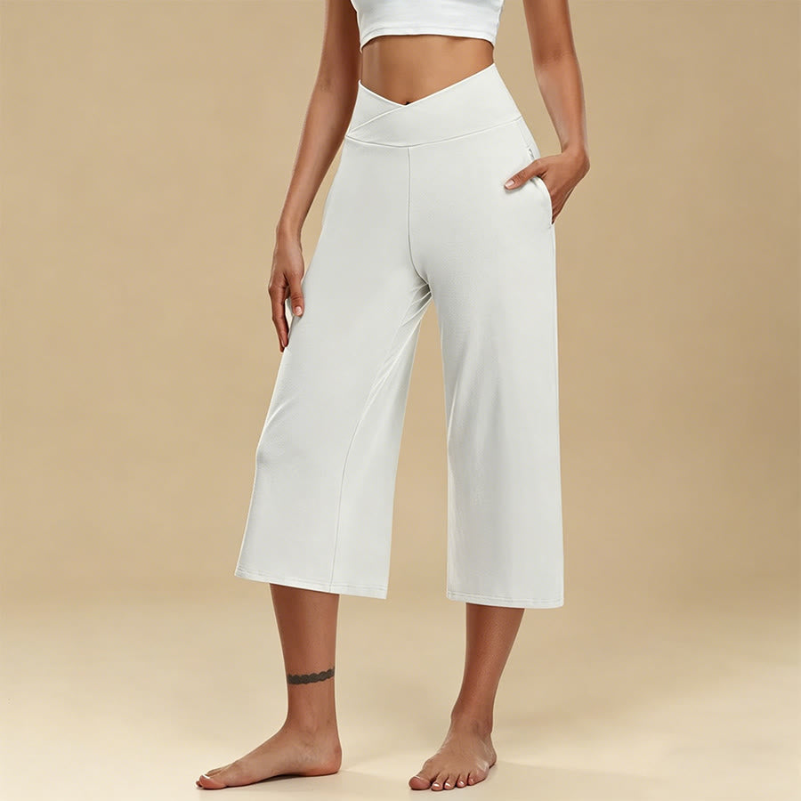 Olivenorma Crossover High Waist Cropped Wide Leg With Pockets Yoga Fitness Women's Pants - White - 3XL - image 1