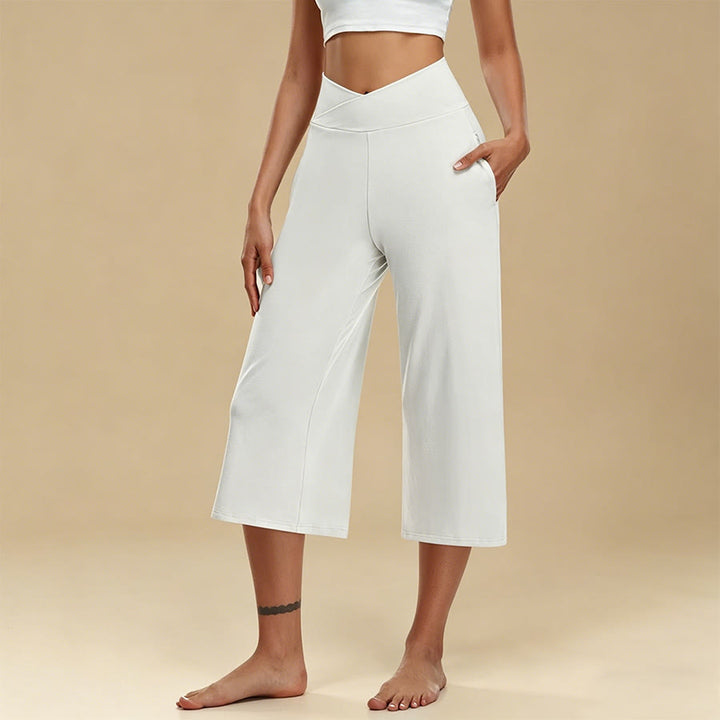 Olivenorma Crossover High Waist Cropped Wide Leg With Pockets Yoga Fitness Women's Pants - White - 3XL - image 1