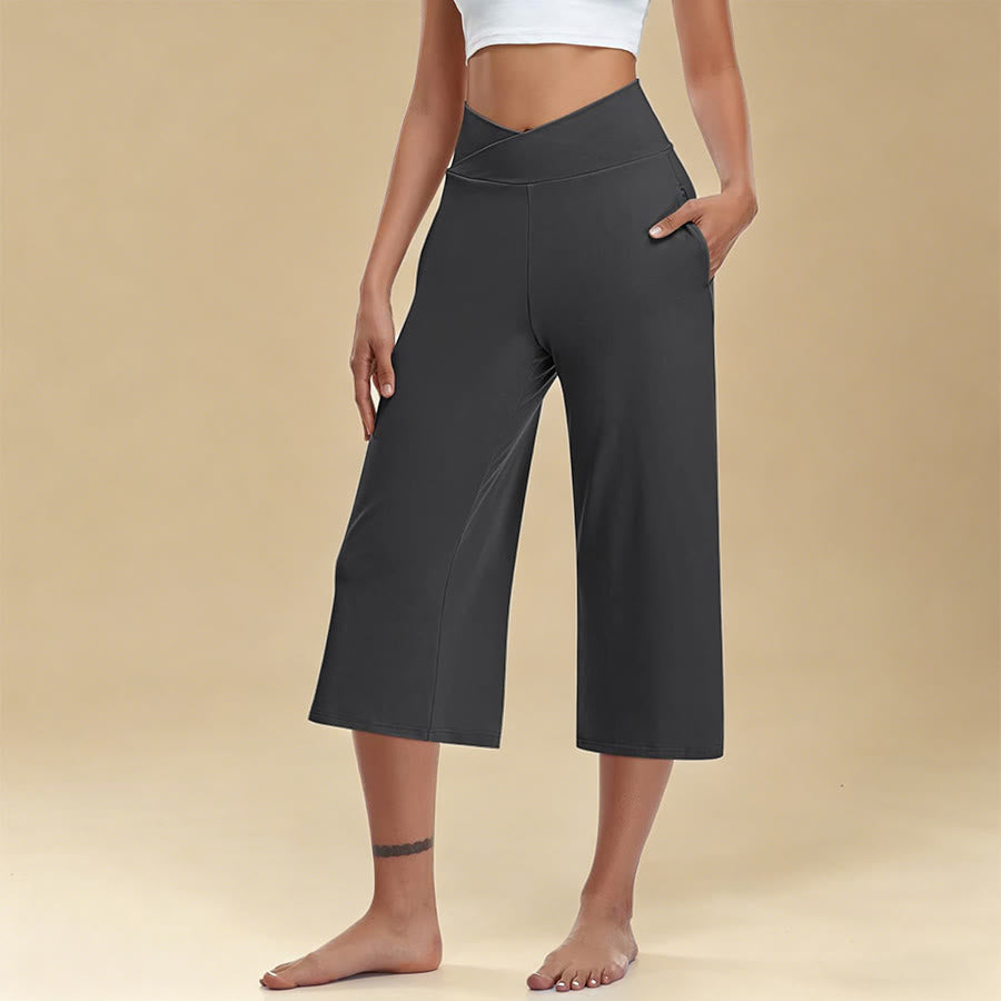 Olivenorma Crossover High Waist Cropped Wide Leg With Pockets Yoga Fitness Women's Pants - Dark Gray - 3XL - image 13