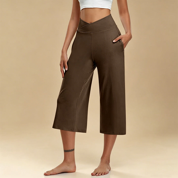 Olivenorma Crossover High Waist Cropped Wide Leg With Pockets Yoga Fitness Women's Pants - Coffee - 3XL - image 9