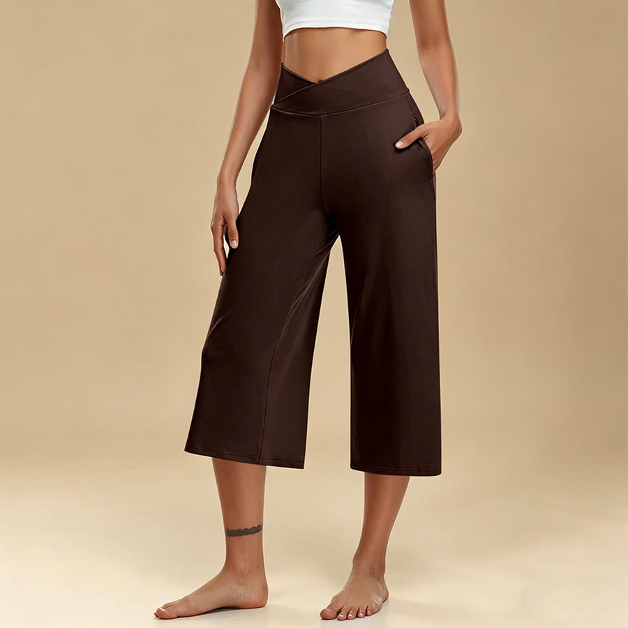 Olivenorma Crossover High Waist Cropped Wide Leg With Pockets Yoga Fitness Women's Pants - Dark Brown - 3XL - image 11