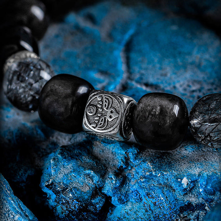 Olivenorma Silver Obsidian & Black Quartz Rutilated Engraved Charm Beaded Bracelet - image 3