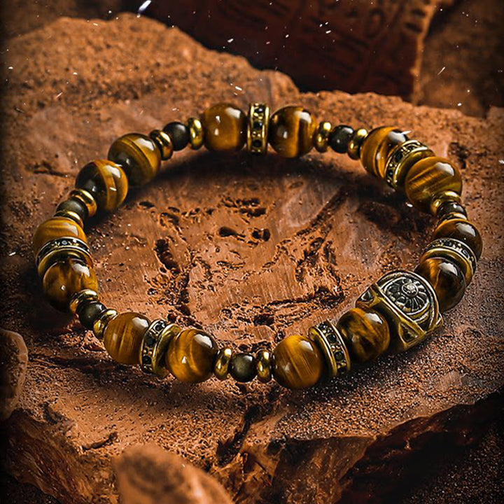 Olivenorma Tiger's Eye & Gold Obsidian Sun Symbol Engraved Beaded Bracelet - image 1