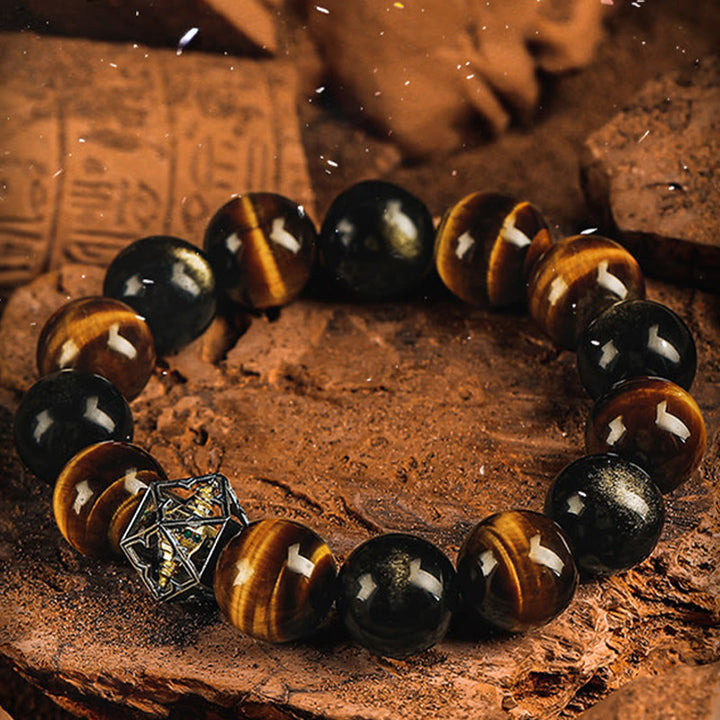 Olivenorma Tiger's Eye & Gold Obsidian Sacred Geometry Charm Beaded Bracelet - image 1
