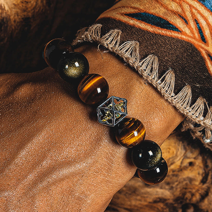 Olivenorma Tiger's Eye & Gold Obsidian Sacred Geometry Charm Beaded Bracelet - image 4