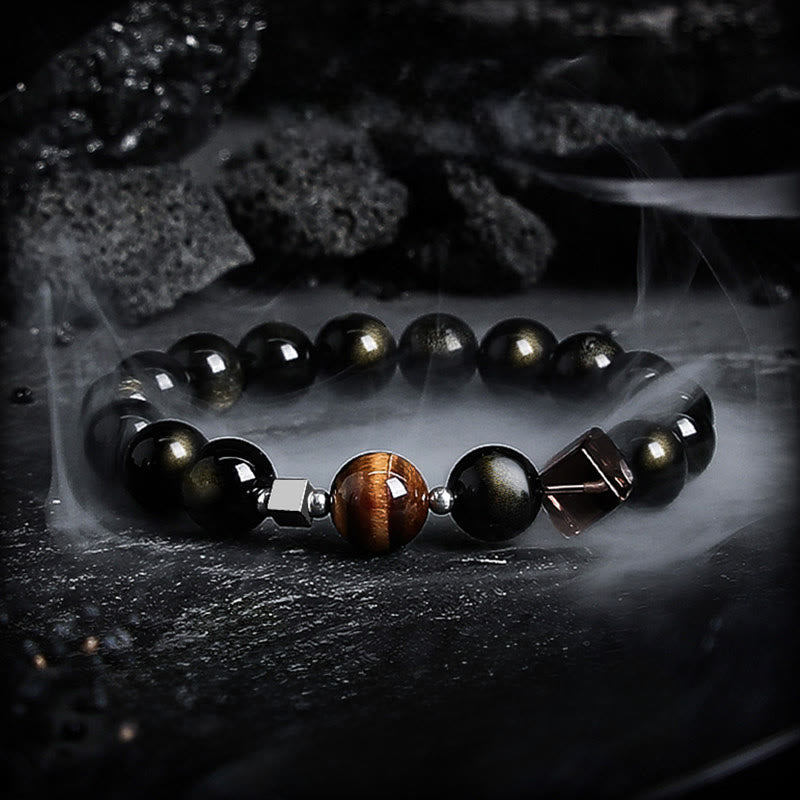 Olivenorma Gold Obsidian & Obsidian Grounding Protective Bracelet - 18cm - Stinging Sun Style 10mm - image 0