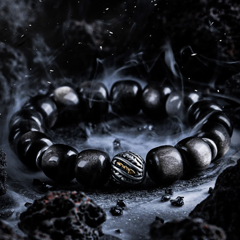 Olivenorma Silver Obsidian Twisted Symbol Engraved Charm Bracelet - image 2