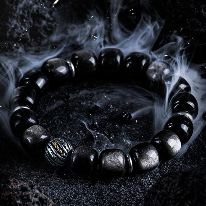 Olivenorma Silver Obsidian Twisted Symbol Engraved Charm Bracelet - image 1
