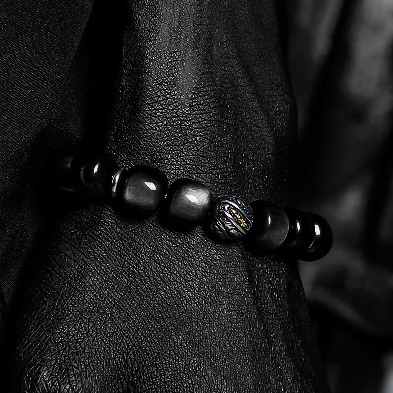 Olivenorma Silver Obsidian Twisted Symbol Engraved Charm Bracelet - image 5