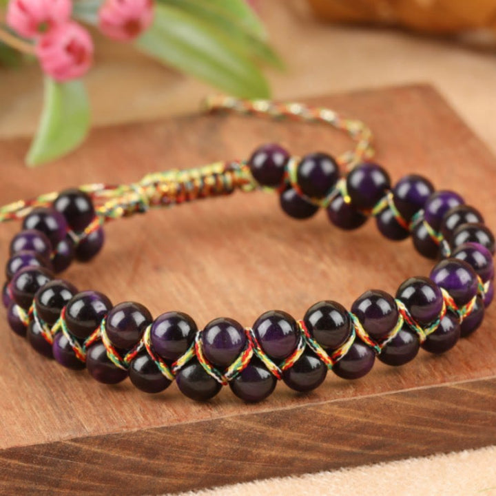 Olivenorma Tiger Eye Double-Row Adjustable Braided Cord Beaded Bracelet - Purple Tiger Eye - image 4