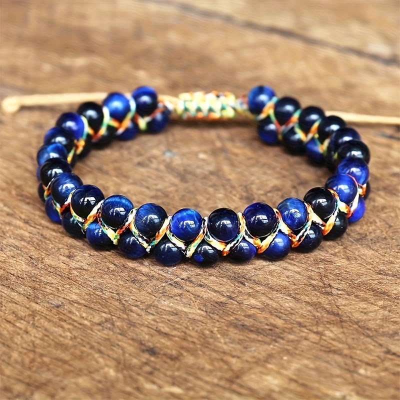 Olivenorma Tiger Eye Double-Row Adjustable Braided Cord Beaded Bracelet - Blue Tiger Eye - image 2