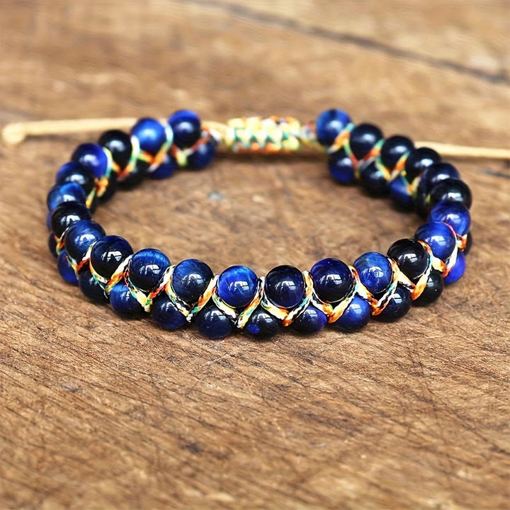Olivenorma Tiger Eye Double-Row Adjustable Braided Cord Beaded Bracelet - Blue Tiger Eye - image 2