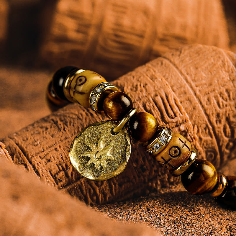 Olivenorma Tiger's Eye Stone Sun Charm Engraved Beaded Bracelet - image 2