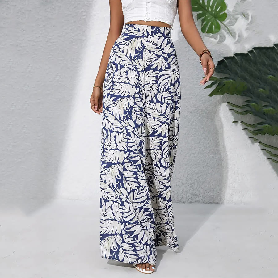 Olivenorma Tropical Leaf Print High-Waist Wide Leg Women's Pants - Navy White - XXL - image 2