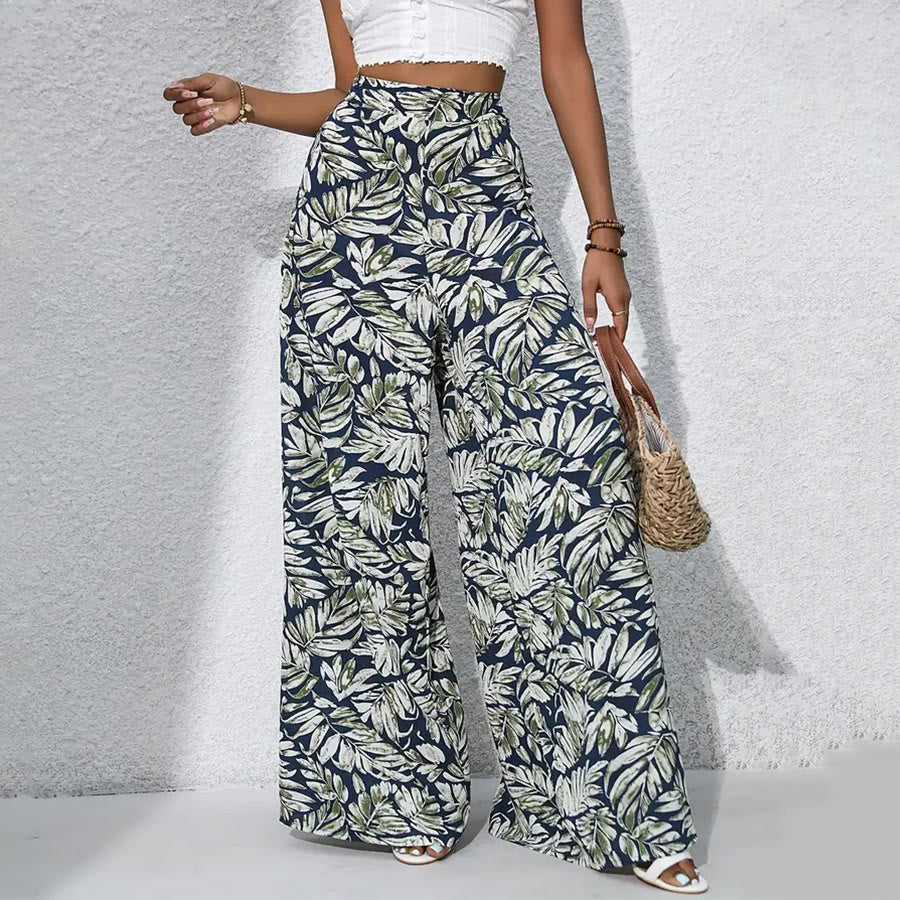 Olivenorma Tropical Leaf Print High-Waist Wide Leg Women's Pants - Navy Green - XXL - image 10
