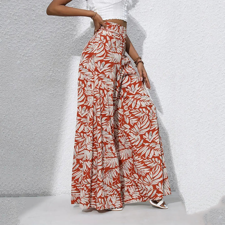 Olivenorma Tropical Leaf Print High-Waist Wide Leg Women's Pants - Rust White - XXL - image 12