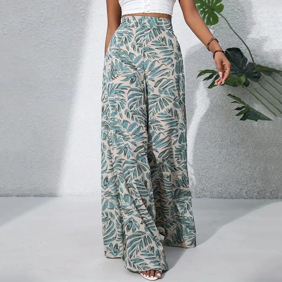 Olivenorma Tropical Leaf Print High-Waist Wide Leg Women's Pants - Sage Beige - XXL - image 0