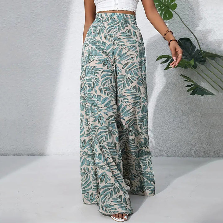 Olivenorma Tropical Leaf Print High-Waist Wide Leg Women's Pants - Sage Beige - XXL - image 0