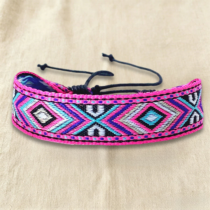 Olivenorma Ethnic Tribal Geometric Pattern Woven Adjustable Knotted Everyday & Festival Wear Braided Bracelet - Hot Pink Motif - image 12