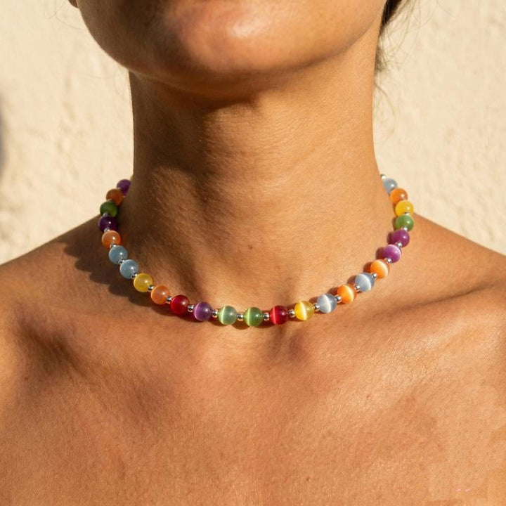 FREE Today: Rainbow Colored Necklace Colorchanging Dopamine Chain 8mm Beaded Bracelet & Earrings - Necklace & Silver Beads（38+5CM） - image 5