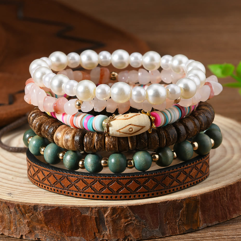 Olivenorma Stackable Multi-Layer Handmade Feather Charm Boho Ethnic Bracelet - Pastel Stone - image 3