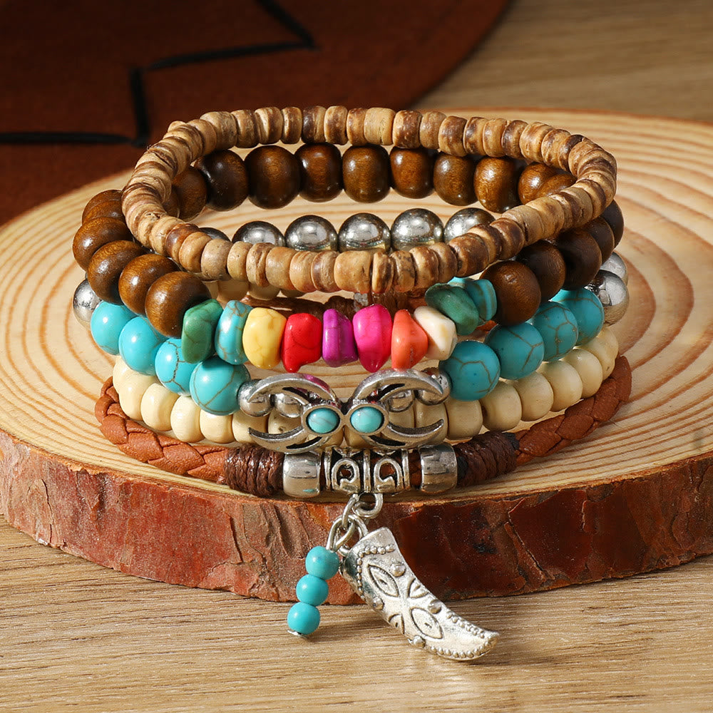 Olivenorma Stackable Multi-Layer Handmade Feather Charm Boho Ethnic Bracelet - Turquoise Boho - image 34