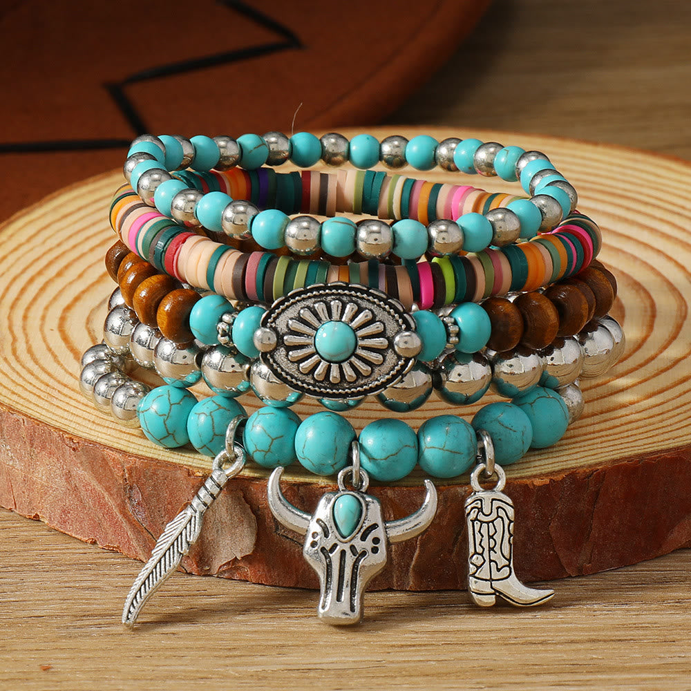 Olivenorma Stackable Multi-Layer Handmade Feather Charm Boho Ethnic Bracelet - Turquoise Tassel - image 33
