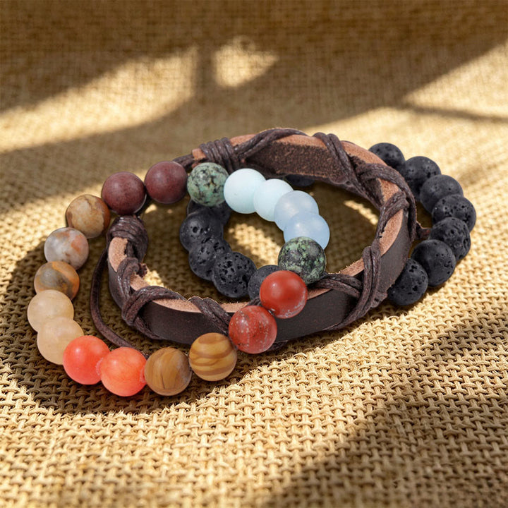 Olivenorma Stackable Multi-Layer Handmade Boho Ethnic Bracelet - Lava Stone & Aquamarine - image 0