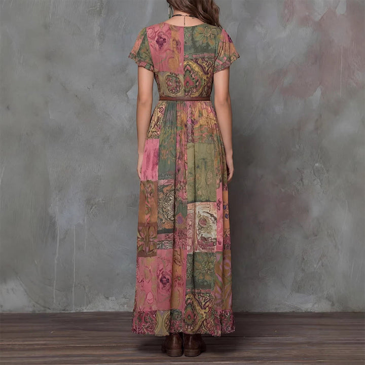 Olivenorma Artistic Patchwork Print V-Neck Button Front Flounce Sleeve Maxi Women's Dress - image 3