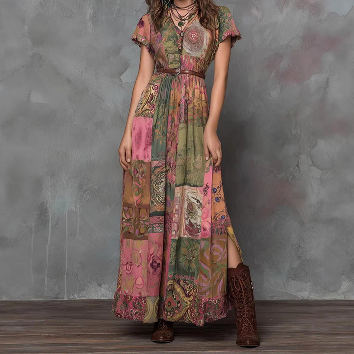 Olivenorma Artistic Patchwork Print V-Neck Button Front Flounce Sleeve Maxi Women's Dress - Pink - 2XL - image 0