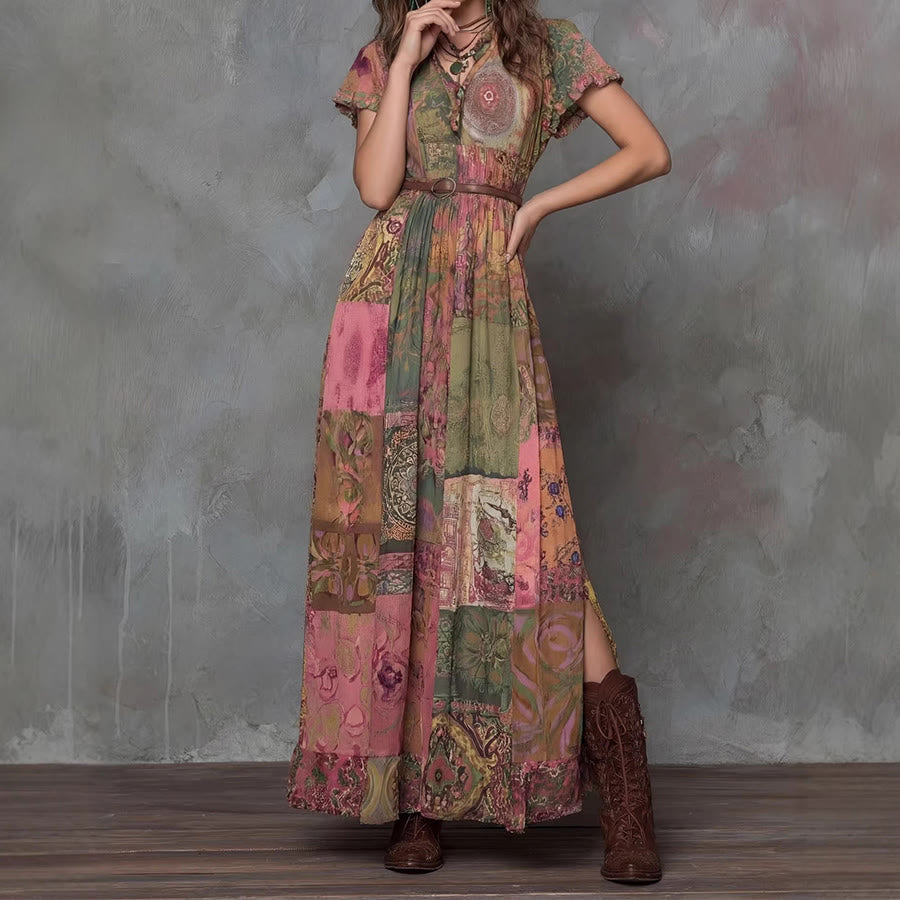 Olivenorma Artistic Patchwork Print V-Neck Button Front Flounce Sleeve Maxi Women's Dress - image 1