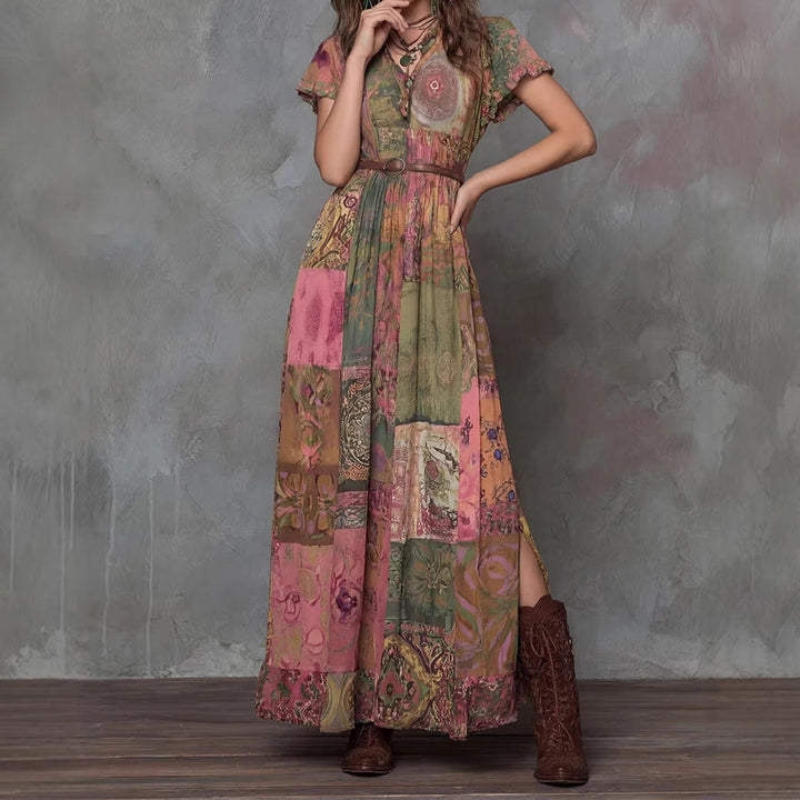 Olivenorma Artistic Patchwork Print V-Neck Button Front Flounce Sleeve Maxi Women's Dress - image 1