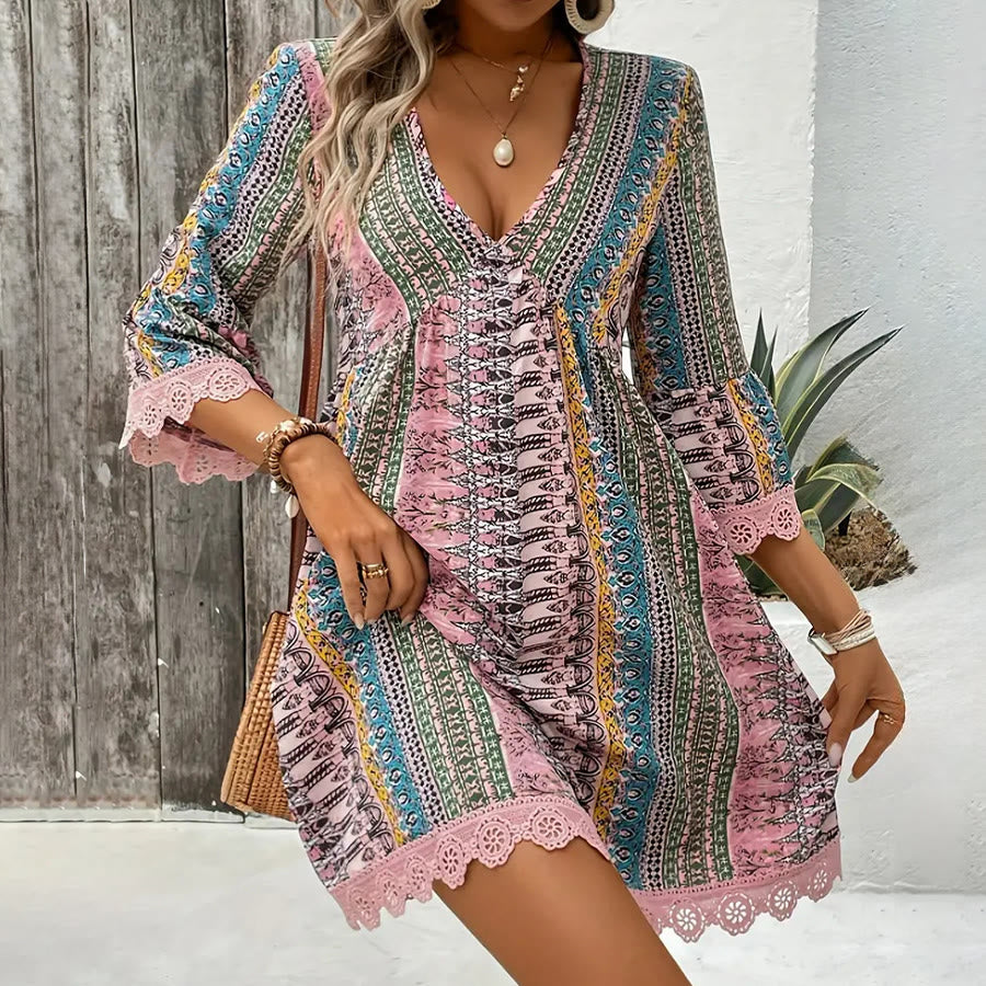 Olivenorma Ethnic-Inspired Striped Print Lace Hem Flared Sleeve Loose A-Line Women's Dress - image 5