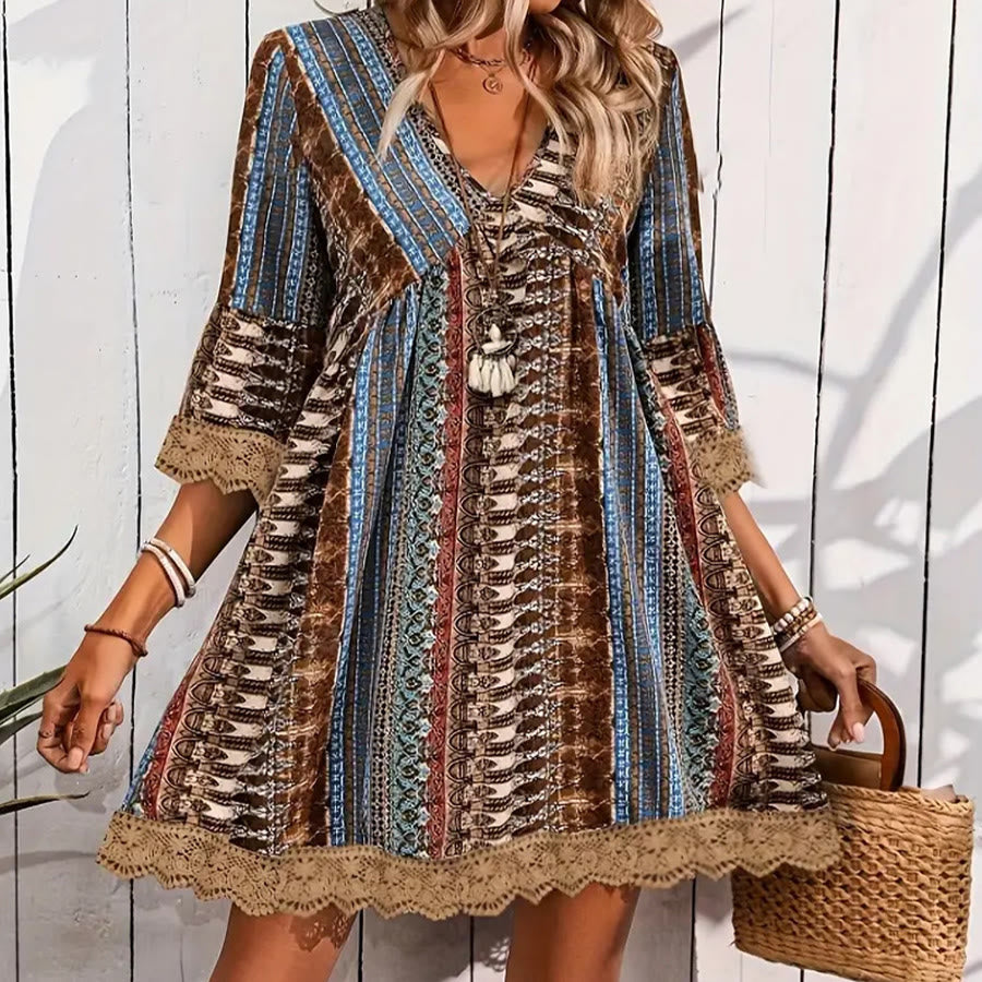 Olivenorma Ethnic-Inspired Striped Print Lace Hem Flared Sleeve Loose A-Line Women's Dress - image 10