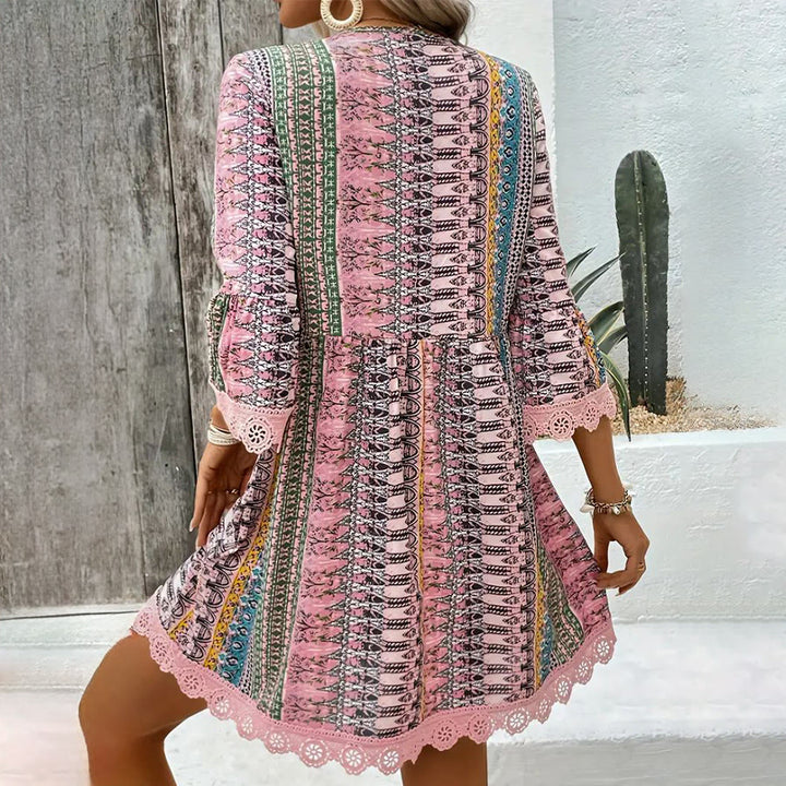 Olivenorma Ethnic-Inspired Striped Print Lace Hem Flared Sleeve Loose A-Line Women's Dress - image 8