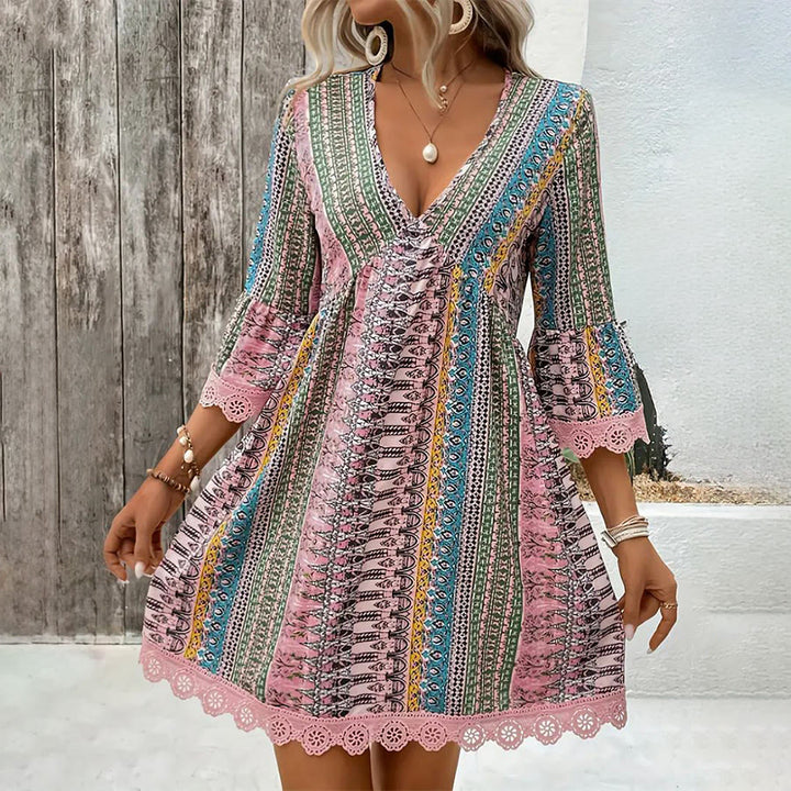 Olivenorma Ethnic-Inspired Striped Print Lace Hem Flared Sleeve Loose A-Line Women's Dress - Pastel - XXL - image 4