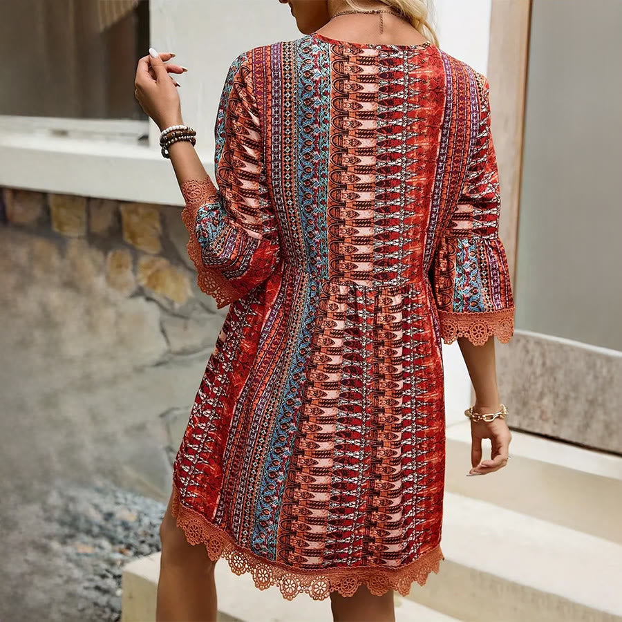 Olivenorma Ethnic-Inspired Striped Print Lace Hem Flared Sleeve Loose A-Line Women's Dress - image 3
