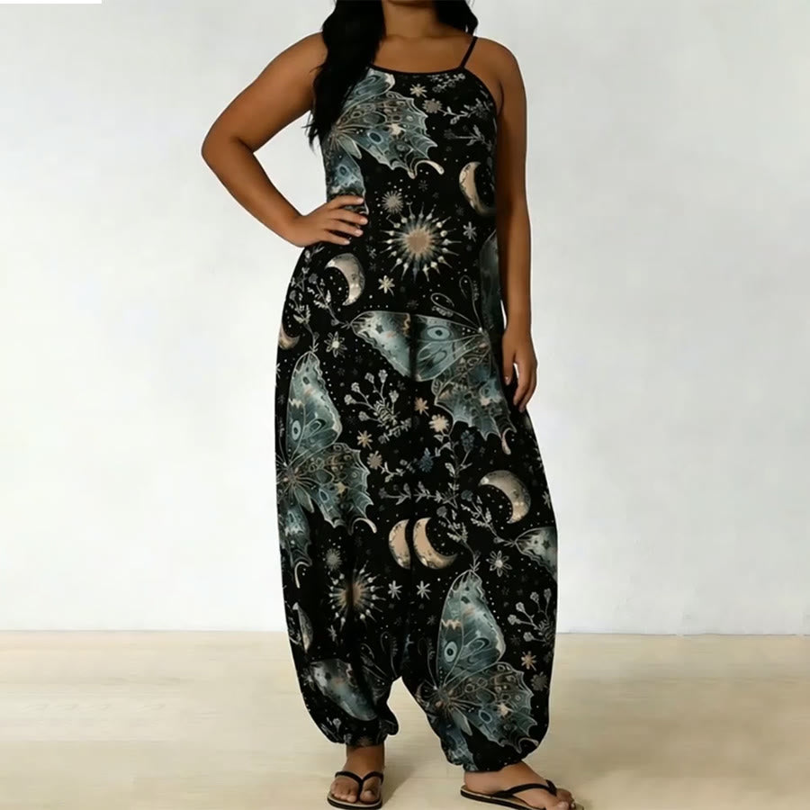 Olivenorma Celestial Butterfly Moon Print Spaghetti Strap Loose Harem Pants Women's Set - Black - 5XL - image 0