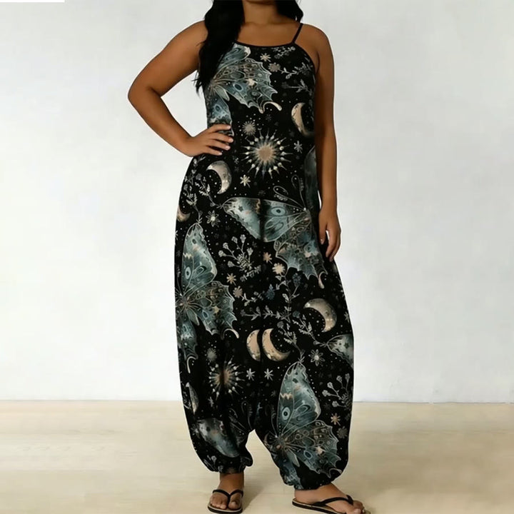 Olivenorma Celestial Butterfly Moon Print Spaghetti Strap Loose Harem Pants Women's Set - Black - 5XL - image 0
