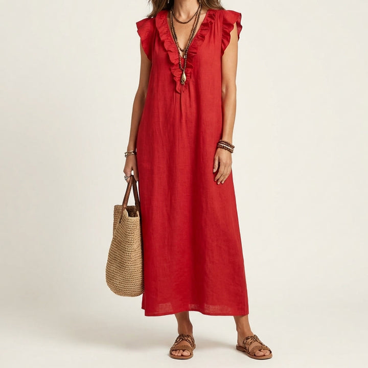 Olivenorma V-Neck Ruffle Trim Cap Sleeve Gathered Waist Maxi Women's Dress - Red - XXL - image 4
