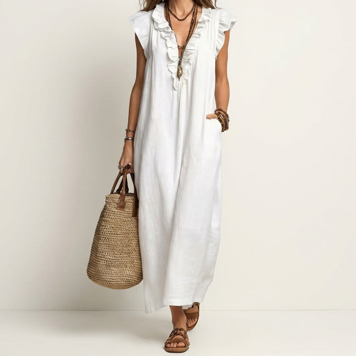 Olivenorma V-Neck Ruffle Trim Cap Sleeve Gathered Waist Maxi Women's Dress - White - XXL - image 2