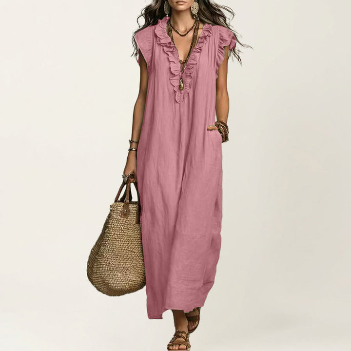 Olivenorma V-Neck Ruffle Trim Cap Sleeve Gathered Waist Maxi Women's Dress - Pink - XXL - image 19