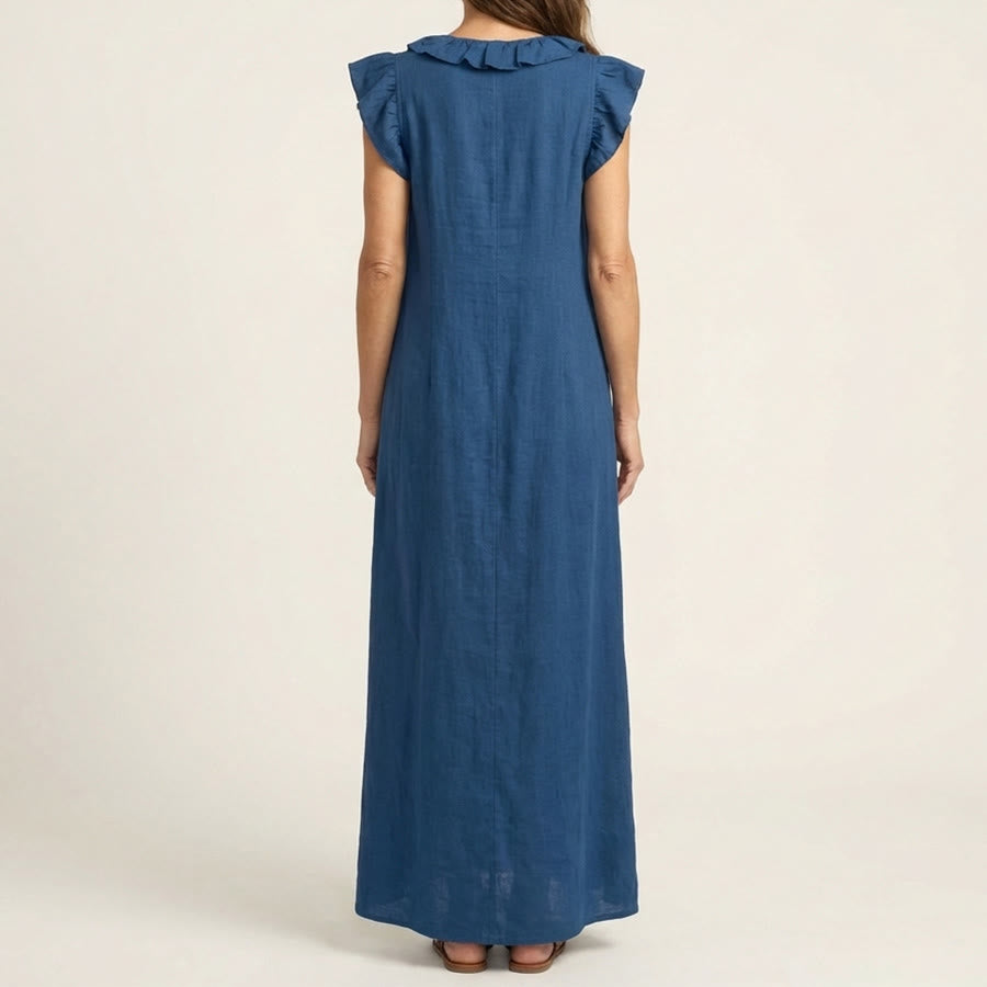 Olivenorma V-Neck Ruffle Trim Cap Sleeve Gathered Waist Maxi Women's Dress - image 9