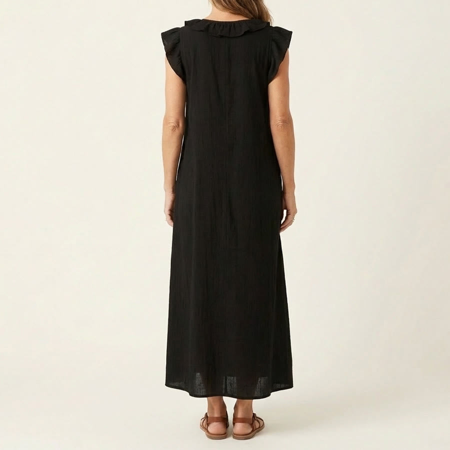 Olivenorma V-Neck Ruffle Trim Cap Sleeve Gathered Waist Maxi Women's Dress - image 1