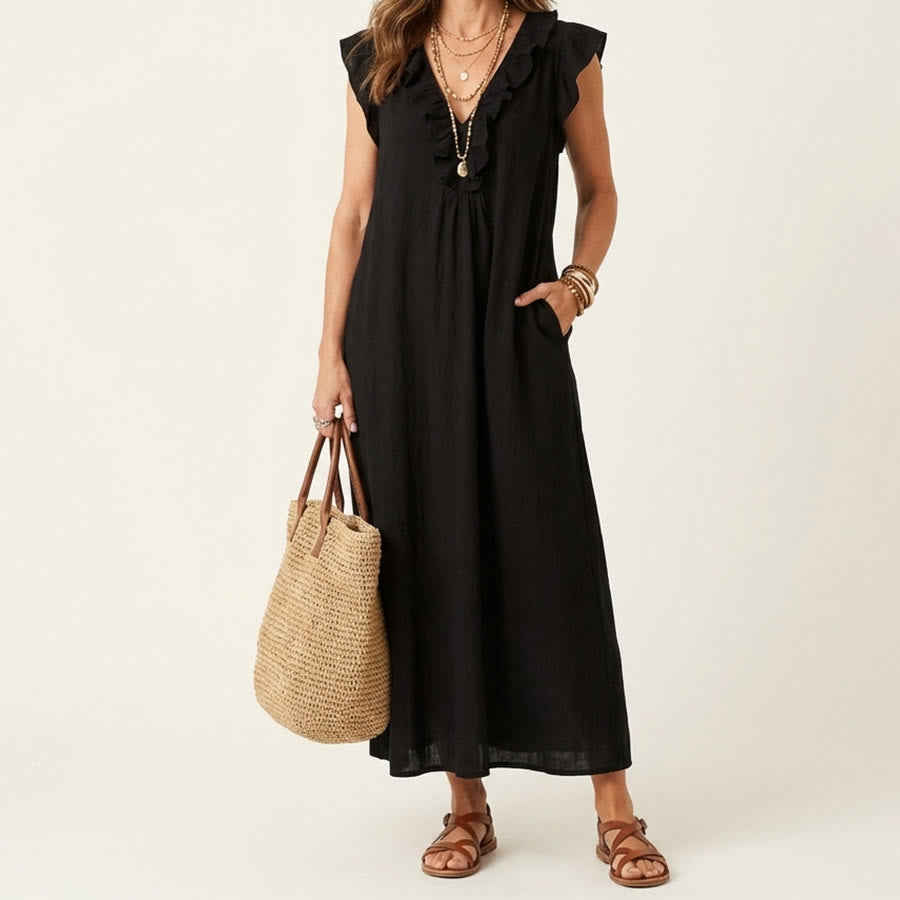 Olivenorma V-Neck Ruffle Trim Cap Sleeve Gathered Waist Maxi Women's Dress - Black - XXL - image 0