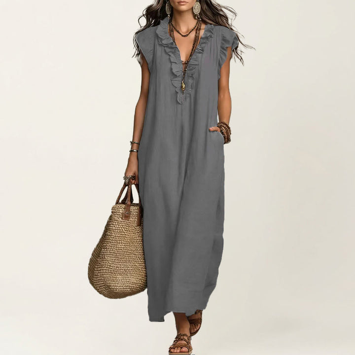 Olivenorma V-Neck Ruffle Trim Cap Sleeve Gathered Waist Maxi Women's Dress - Gray - XXL - image 12