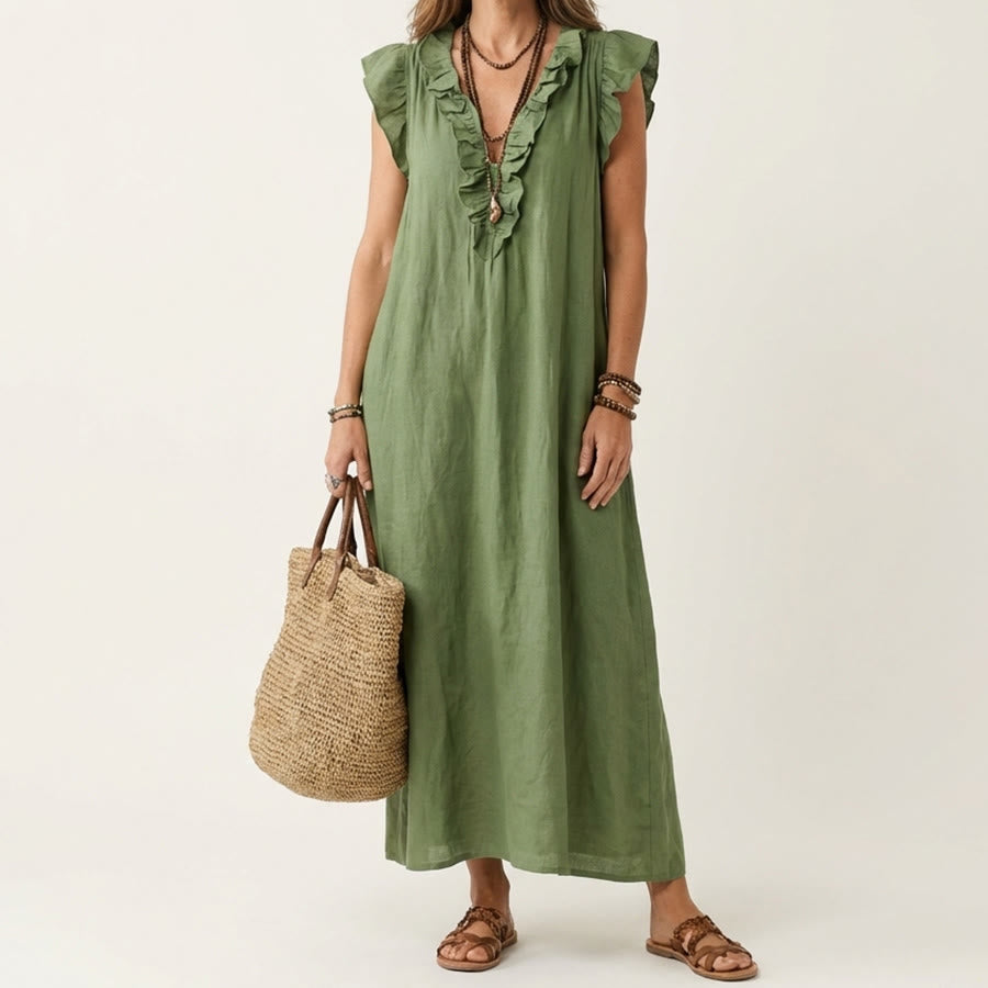 Olivenorma V-Neck Ruffle Trim Cap Sleeve Gathered Waist Maxi Women's Dress - Army Green - XXL - image 6
