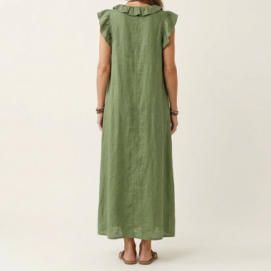 Olivenorma V-Neck Ruffle Trim Cap Sleeve Gathered Waist Maxi Women's Dress - image 7