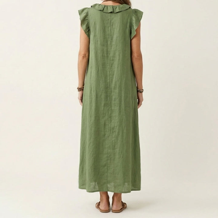 Olivenorma V-Neck Ruffle Trim Cap Sleeve Gathered Waist Maxi Women's Dress - image 7
